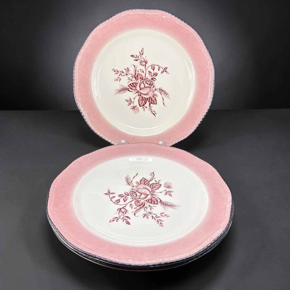 Wood & Sons England Pink Rose Dishes Plates Set of 4 Scalloped Edge 10.5 Inch